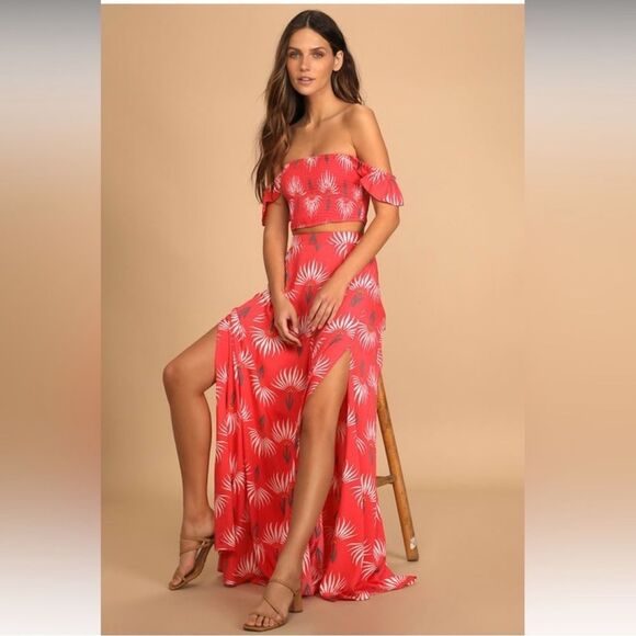 Lulus Trancoso Coral Floral Print Two-Piece Maxi Dress Size Large Tropical Pink - Picture 1 of 16
